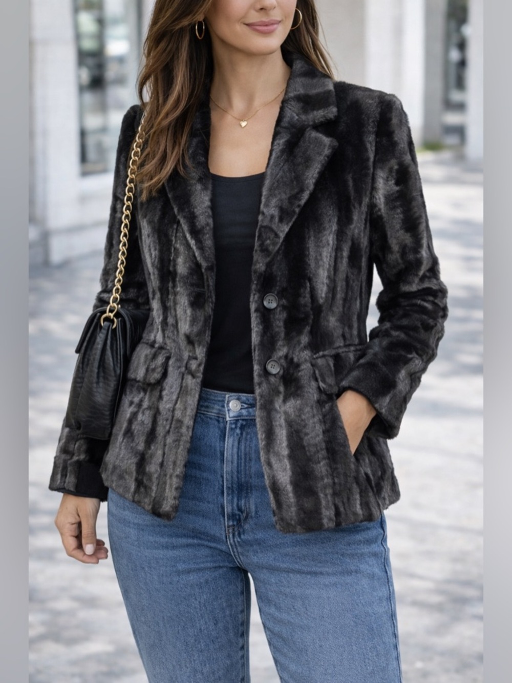 Black Faux Fur Jacket Women Textured Blazer Y2K Soft Glam Coat Small